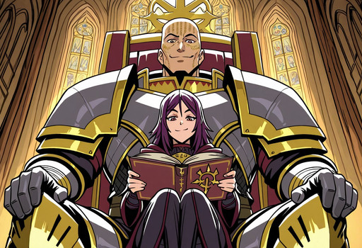 <lora:Cultgar40K:0.8> Lorgar Aurelian, 1boy, bald, gold head writing, handsome, manly, smirk, looking at viewer, grey armor, BREAK, sitting on lap, hetero, Cultist-Chan, 1girl, 18 years old, adult, purple hair, sitting, holding book, focused, reading, looking down, chaos symbol, size difference, indoors, gothic church