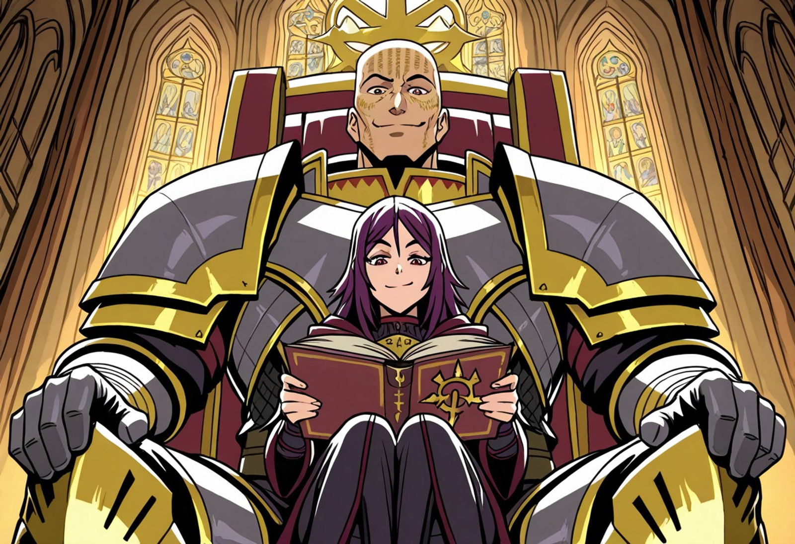 <lora:Cultgar40K:0.8> Lorgar Aurelian, 1boy, bald, gold head writing, handsome, manly, smirk, looking at viewer, grey armor, BREAK, sitting on lap, hetero, Cultist-Chan, 1girl, 18 years old, adult, purple hair, sitting, holding book, focused, reading, looking down, chaos symbol, size difference, indoors, gothic church