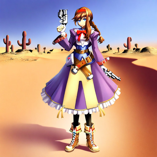 masterpiece, best quality, absurdres, 1girl, female focus, solo, W_A_V_M, brown hair, asymmetrical hair, braided ponytail, red hairband, blue eyes, bowtie, white shirt, cropped jacket, sleeve garter, white gloves, belt, holsters, crossed belts, high-waist skirt, waist apron, black pantyhose, fold-over boots, standing, full body, dual wielding, holding gun, revolver, handgun, arm at side, hand up, smile, outdoors, desert, blue sky, cactus,