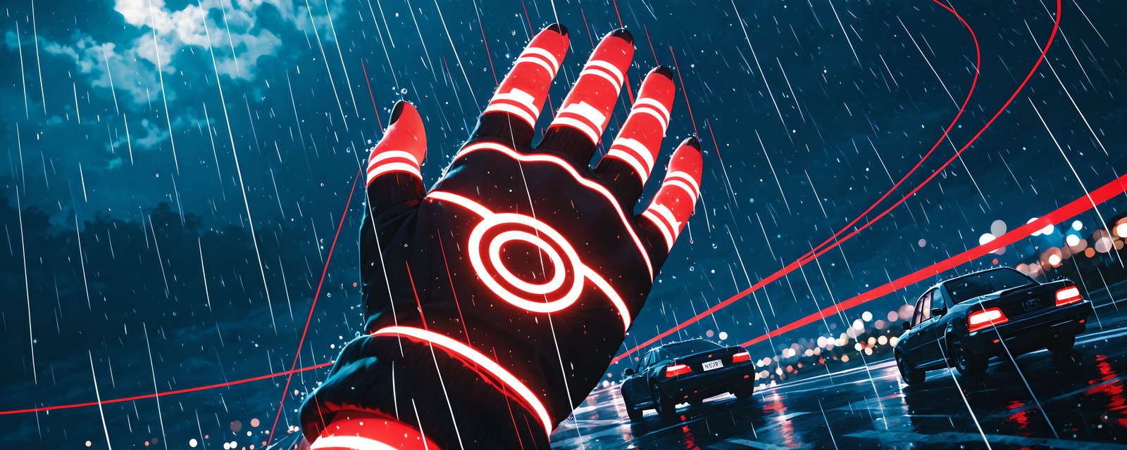 (((abstract wavy lines, swirls, bokeh effect))), (((looking at sky))), (((red swirls, warped lines, lasers))), (((swirls, glowing tattoos))) POV furry anthro cat girl hands, furry anthro hands, furry hands, tan fur, stripes, hands out, reaching, tan fur, stripes, fingerless gloves, falling, highway, cars, 18 wheeler truck, looking up, rainy sky, night, (rain), break in clouds, stars