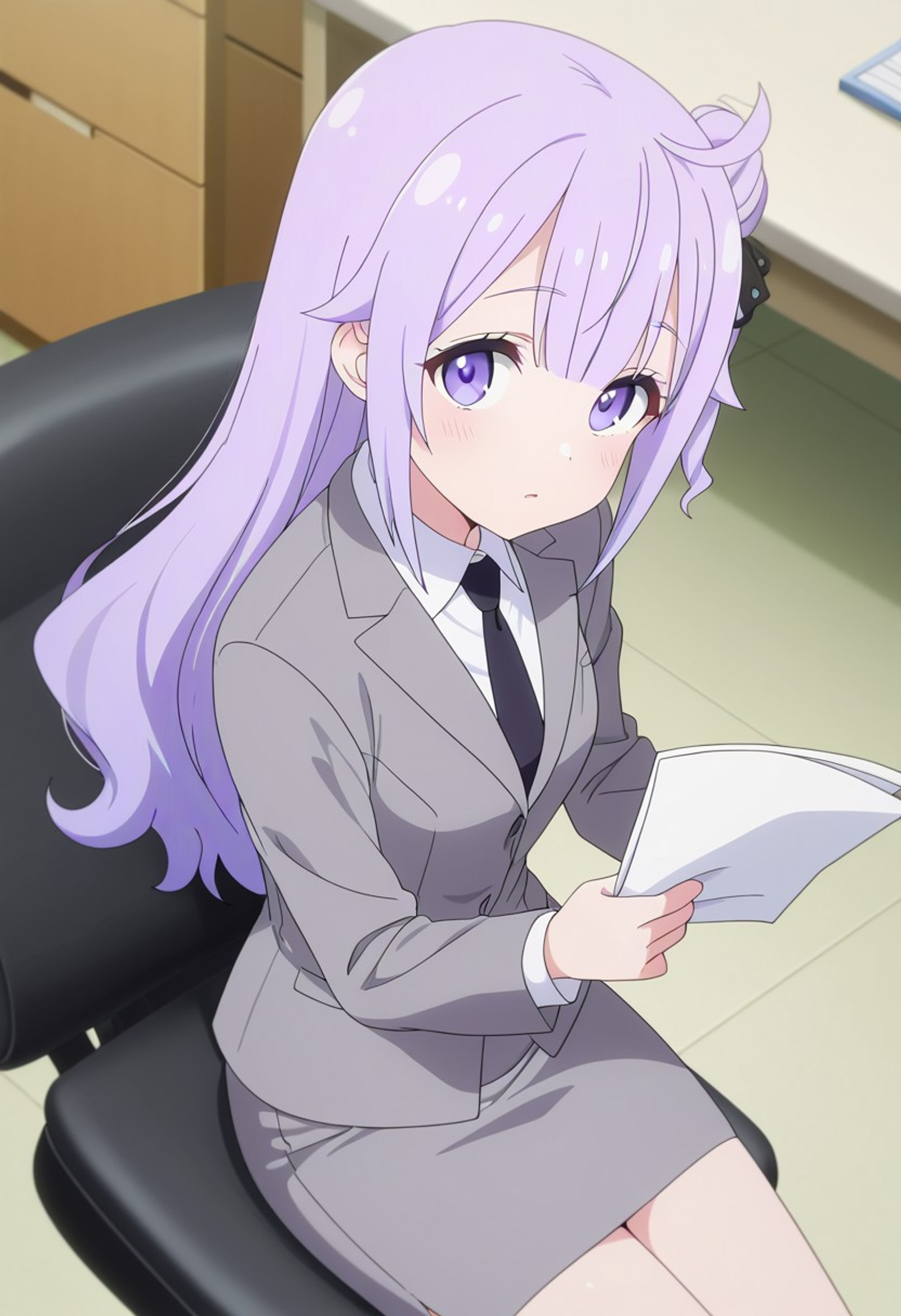 general,highres, ultra-detailed,very aesthetic,best quality ,best hands,best eyes, anime cloring, anime screencap, solo, Unico,lilac hair, long_hair, lilac eyes, hair bun,small breasts, short body, petite, hair ribbon, black ribbon, 
((Grey business suit, grey jacket, grey pencil skirt)), fully dressed, 
Indoors, office, chair, desk, 
Sitting, pose, listless, (holding papers), looking at viewer, from above, upper body, SFW