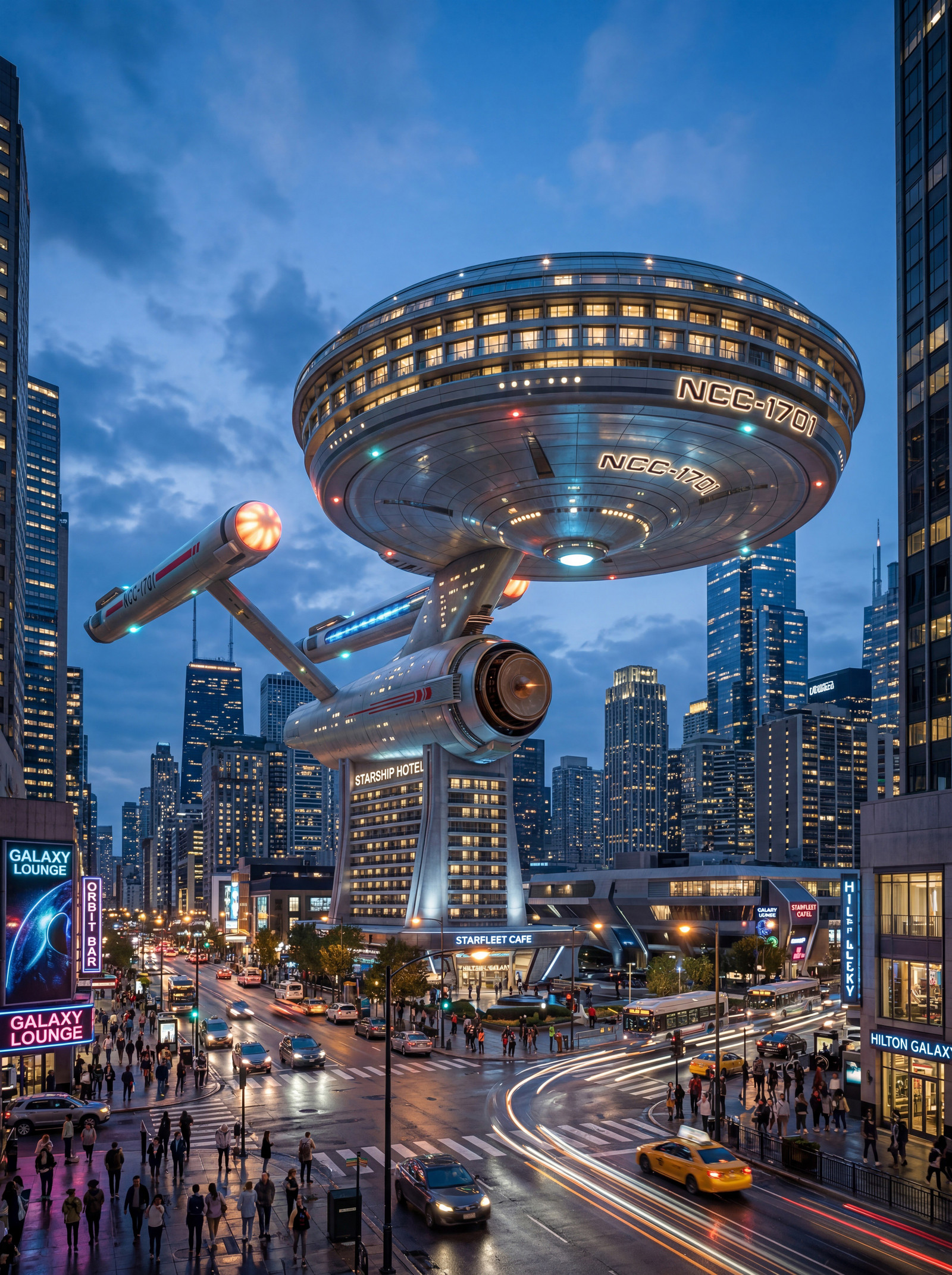 hotel in a city is shaped and looks like starship enterprise, 8k ultra realistic photo