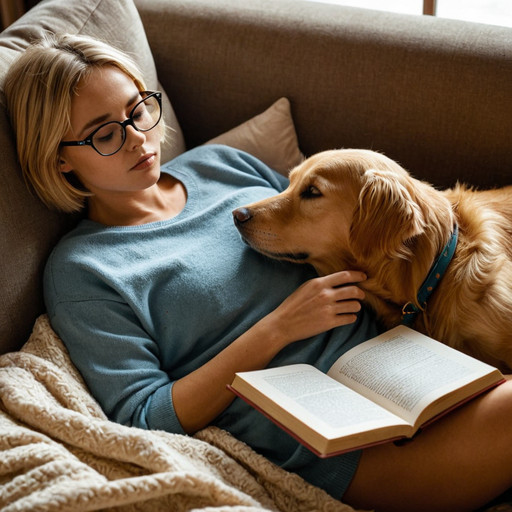 ultra-detail, absurdity, hyper-quality, 8K, cinematic lighting, cozy setting, beautiful woman in her 30's laying on a couch, blanket across her legs. Blond short hair, thin wire framed glasses, holding a book against her in one hand reading, other hand gently resting on her golden-retriever resting beside her on the couch