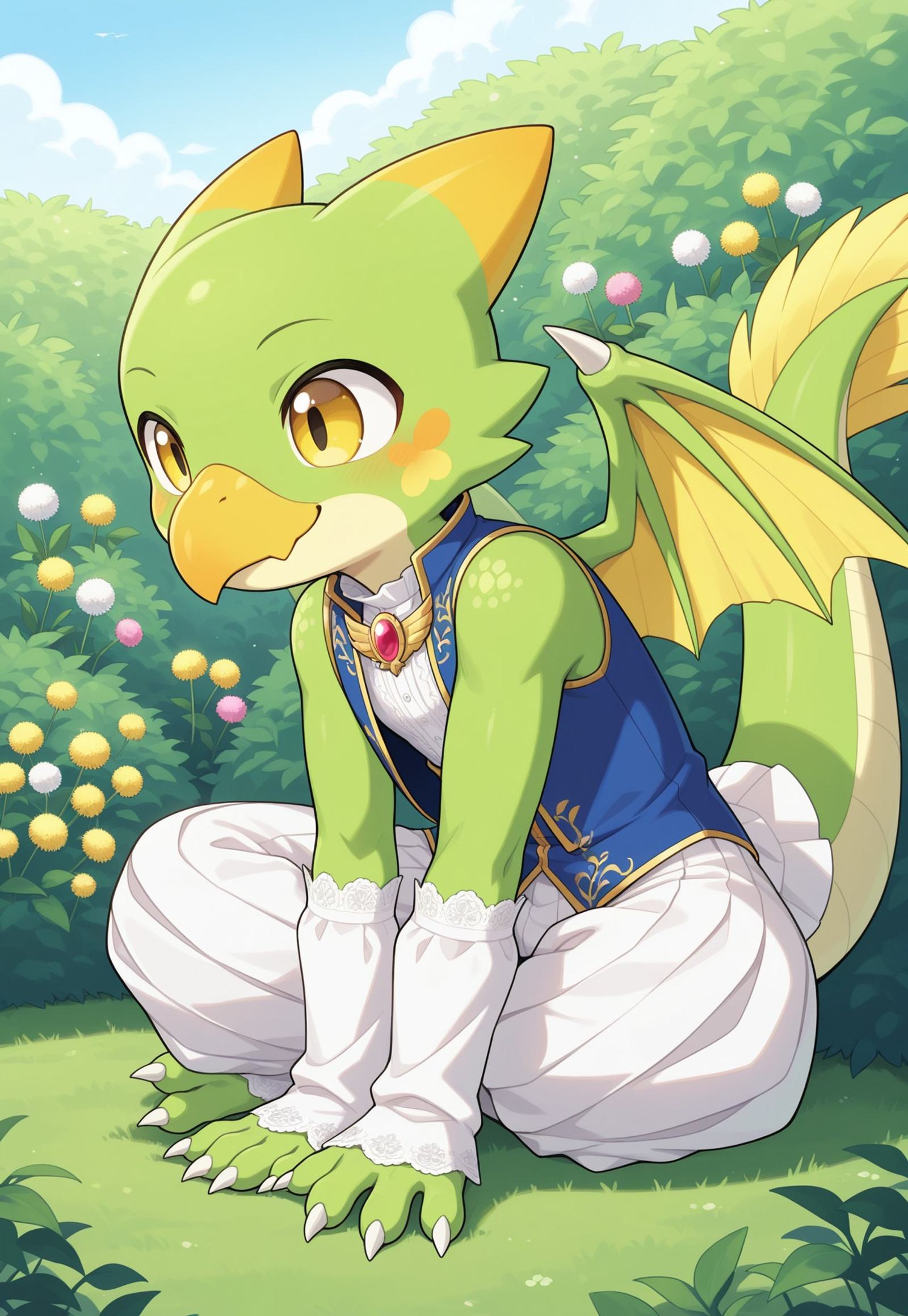 Anthro bird-dragon, solo male, close up, front view, parakeet-green scale skin, hard scale spots on cheeks, pastel-yellow ventral scales, dragon head feather crest, dandelion-yellow eyes, long toothy raptor snout beak, muscular but lithe proportions, boyish features, dragon fin ears, no nipples, dragon wings, short kobold tail, feather fan on tail tip, friendly smile, large pupils, half-lowered eyelids, relaxed expression, young hero build, relaxed posture, perfect anatomy, perfect hands, 3 fingers, 3 toes, stretching,
noble large wide ruffle collar, lace ruffle tie with brooch, prince ornate blue vest with golden accents and floral embroidery, white lace shirt under vest with gold accents, large rounded puff shoulders, lace on shoulders, puffed pleated sleeves, lace ruffs on wrists, puff pleated pantaloon pants with lace, outdoors, cloudless summer day, fantasy palace garden, colourful flower garden, hedge rows background, fantasy royal palace in background