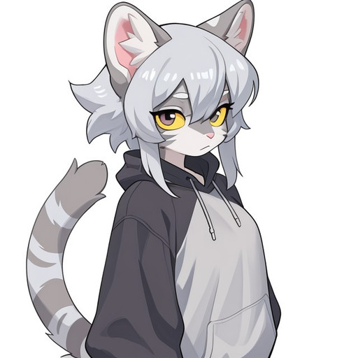 (masterpiece,best quality,amazing quality:1.2),very aesthetic,absurdres,highres,newest,ray tracing,attentive 8k,original,HDR colours,raw, pastel color, 1female furry, 1girl cat tiger , furry, gray and white mix long fluffy hair,gray and wirhe mix fur, gray stripes, tail, furry, matching pattern, anthro cat, gray and withe mix cat tiger, bright honey eyes, (yellow sclera)