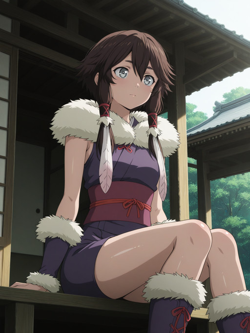 masterpiece,best quality,amazing quality,very aesthetic,absurdres,ultra detailed face,ultra detailed eyes, contrast lighting, shiny skin, glossy skin, 1girl, anime screencap,
(Tsetsi, gray eyes, brown hair, short hair with long locks, hair ribbon),
short kimono, sash, fur trim, purple boots,
cowboy shot, outdoors, daylight, sitting,