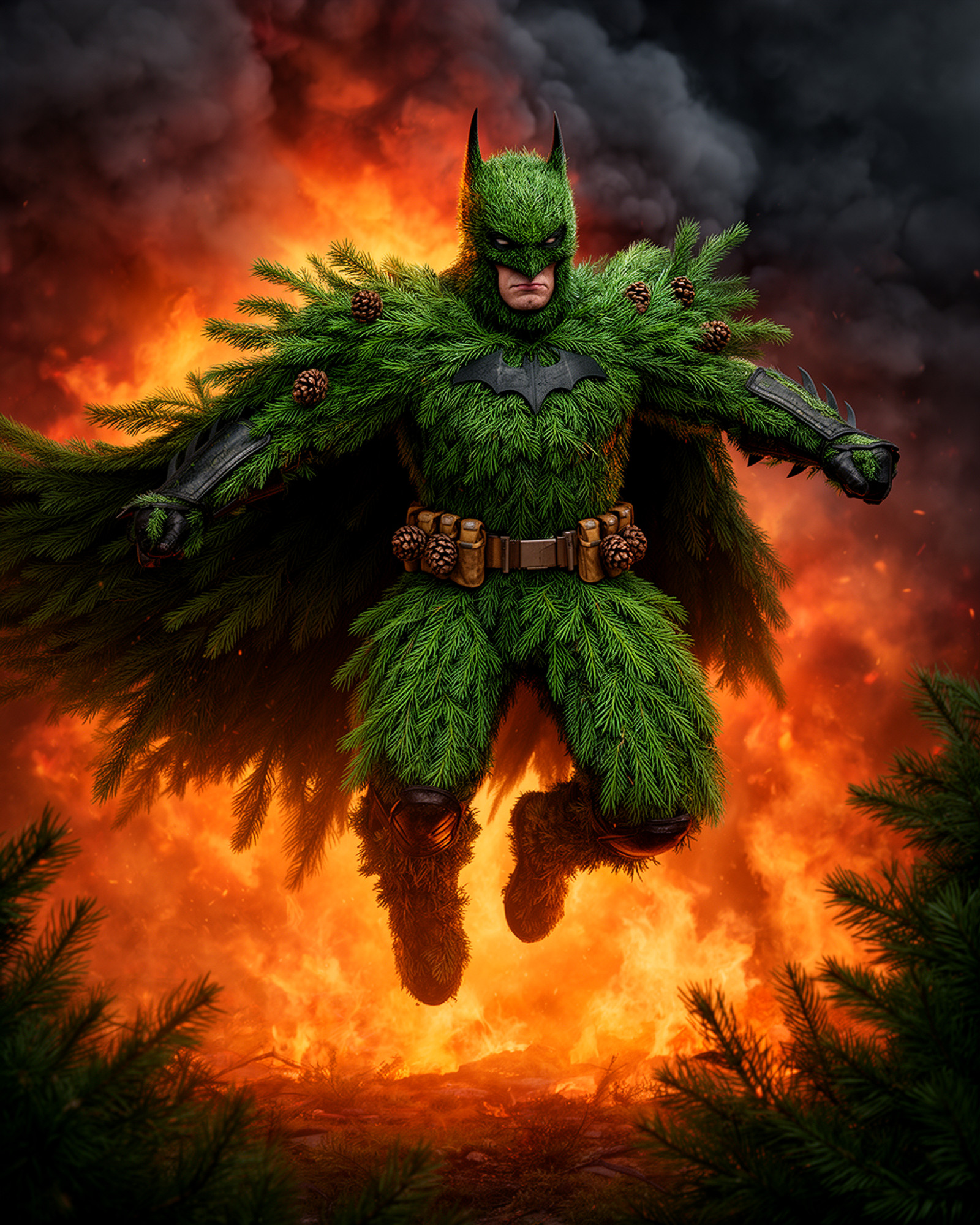 Batman as a surreal “Fir Fighter”, a dark superhero made entirely of fir needles, leaping into action with a flowing cape of evergreen branches, sharp bat-like silhouette, pinecone utility details, fir needle armor, dramatic fire and smoke in the background, rich green conifer textures contrasted with glowing orange light, heroic pose, funny fire/fir pun, ultra detailed, cinematic composition, clear readable subject, epic and absurd at the same time