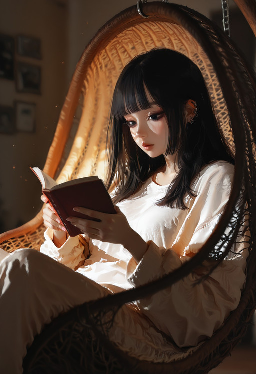 thick eyelashes, masterpiece, best quality, high quality, newest, highres, 8K, HDR, absurdres, dynamic pose, 1girl, black hair, solo, ear piercing, bangs, shirt, long hair, (straight eyeliner, aegyo sal, gradient lips a, douyin makeup), black eyes, blunt bangs, ear piercing, cinematic lighting, depth of field, (blurred background), (dramatic lighting), (cinematic lighting), perfect hands, very aesthetic, very awa, atmospheric, dynamic angle, volumetric lighting, realistic, photorealistic, 

hanging chair, sitting, warm lighting, sun rays, light particles, cozy, home wear, relaxing, reading a book, looking down, holding a book