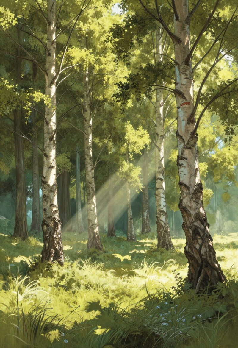 Amivireg art style, Enchanting summer birch forest in the heart of Central Russia in mid-June, tall graceful w