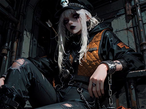 masterpiece, best quality, amazing quality, very aesthetic, high resolution, ultra-detailed, absurdres, newest, 1girl, goth theme, solo,long flowing locks with crimped waves hair,(UV sheen lipstick, clown makeup, silver jewelry, character centered), safety pin adorned cap, brocade vest with buckles, ripped skinny jeans with chains, asymmetrical zipper parka, military-style jackboots, chainmail wrist cuffs, , nocking arrow, <lora:ebora_lb6_era_Art_Style_ALL_XL_by_UOC:1> 3b0r4lb63r44rtstyl3,eboralb6era,eboralb6eraArtStyle,