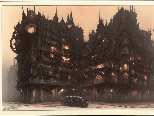 A surreal, Brazil-movie/Dave McKean-inspired Gothic interior. A massive, dark mahogany desk with grotesque, animated gargoyle heads dominates the scene. Piles of paperwork and ink stamps bury the desk, creating a chaotic bureaucratic nightmare. A rebellious gothic woman with dark makeup, slight cleavage, and tattered baroque attire sits behind it, chewing on an absurdly thick cigar. The environment is ominous, filled with eerie glowing occult symbols and distorted shadows.