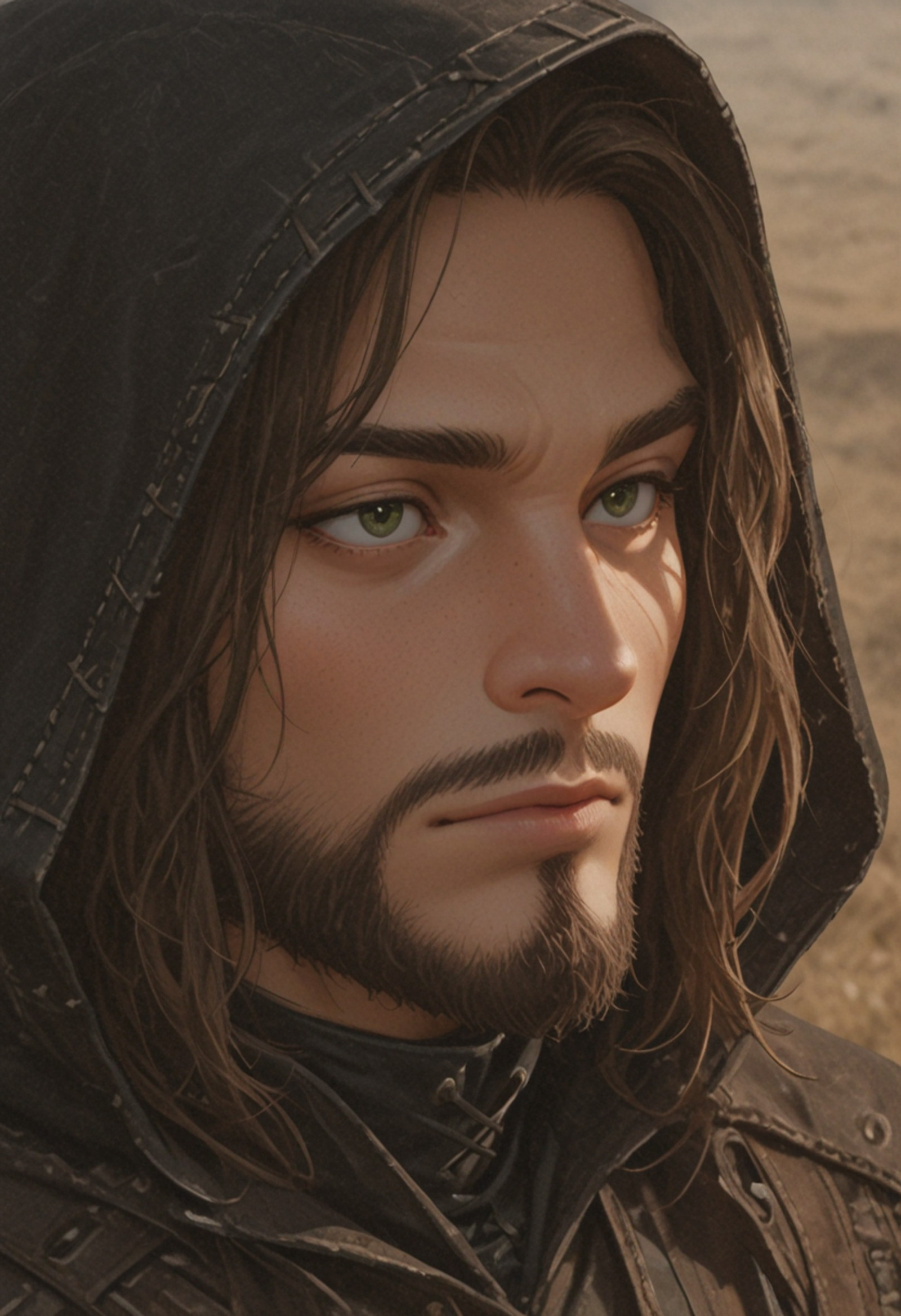 masterpiece, best quality, newest, very aesthetic, absurdres, ray tracing,
blurry background, depth of field, close-up, face focus, portrait,lazyneg, lazypos
solo,  1boy, (man:2), dark brown hair, green eyes, plains background, medieval, ((male)), medium hair, beard,
black medieval leather coat,black hood