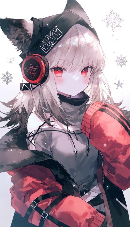 @4x0style, 1girl, solo, frostleaf (arknights), fox ears, animal ear fluff, long hair, grey hair, red eyes, looking at viewer, blush, upper body, three-quarter view, off-center right, beanie, black headwear, ears through headwear, headphones, red jacket, open jacket, open clothes, grey shirt, off shoulder, off-shoulder shirt, bare shoulders, long sleeves, sleeves past wrists, sleeves past fingers, clothes writing, hand up, hand to own chest, closed mouth, snowflakes, white background,
<lora:onineko_v2.2_epoch40:1.0>