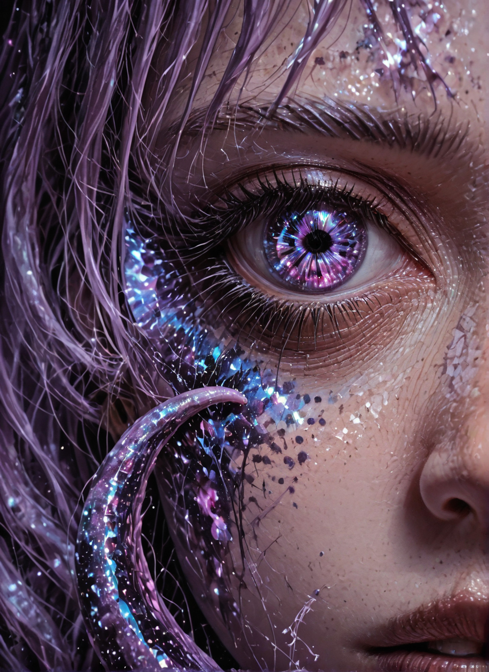 (masterpiece, best quality:1.2), 1girl, cosmic theme, galaxy, nebula, starlight, eldritch horror theme, Lovecraftian, tentacles, swirling pupil, galaxy in eye, multiple pupils, face close up, eye close up, extreeme eye close up, detailed eyes, anime eyes, high detail eyes, deep purple iris, eye focus, best quality, 4k, masterpiece,
<lora:HassaKu_style:0.4>, <lora:R1n_981_b:0.4>, <lora:iLLMythM4gicalL1nes:0.3> <lora:Niji_anime_illustrious:0.7>
<lora:spo_sdxl_10ep_4k-data_lora_webui:0.7><lora:PowerPuffMixLora:0.3>,<lora:DetailerILv2:0.8>,<lora:Pearly_Cross:0.2>lazypos