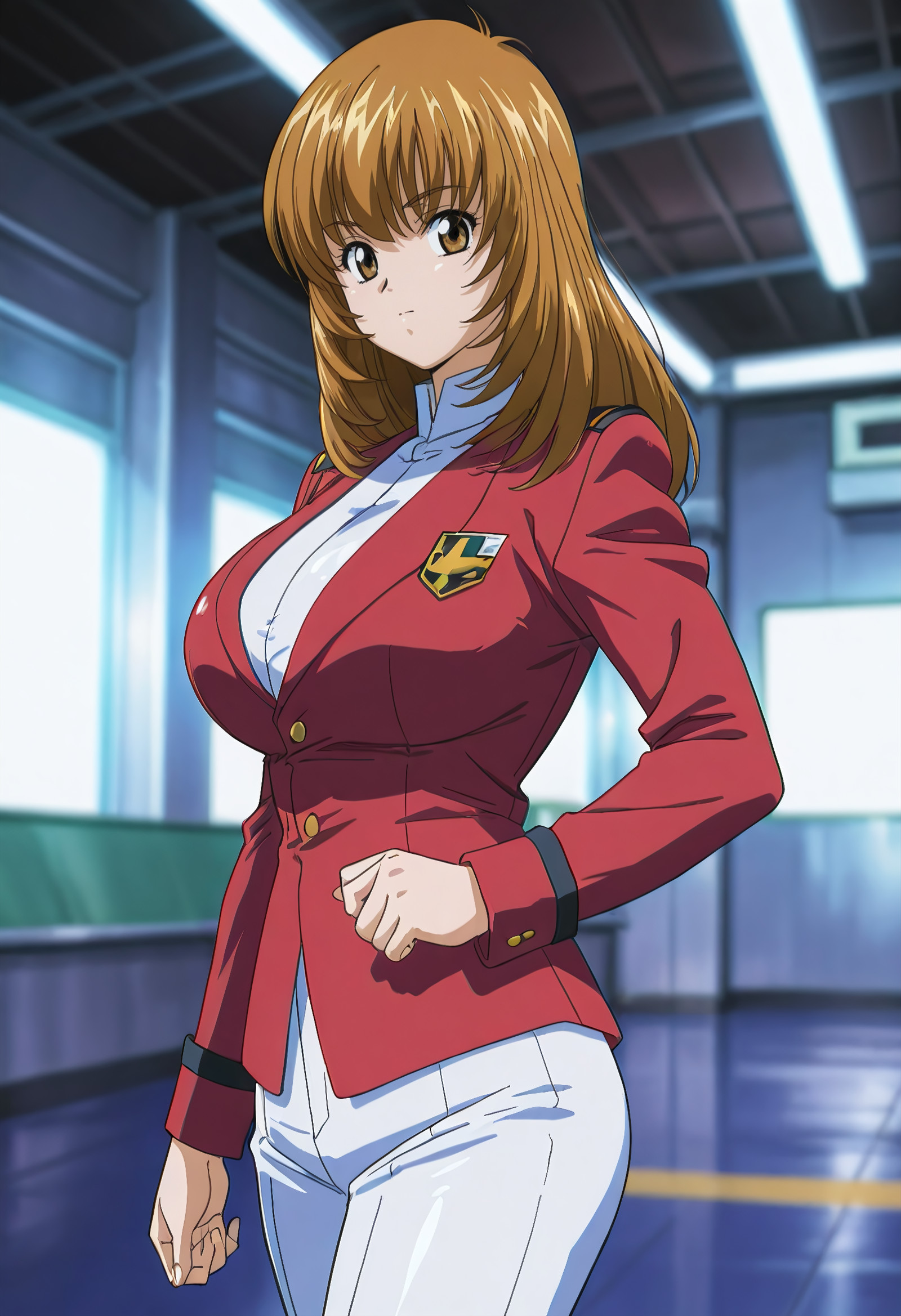   smooth skin, highly detailed, blurry background,, 
  volumetric lighting, ,hgraphi, shiny skin,shiny,,  anime coloring, (cirima:0.7)
1girl, ,         solo
huge breasts, 
looking at viewer,   
akizukiaoi, brown eyes, brown hair,    long hair,   uniform, red jacket, white suit, 