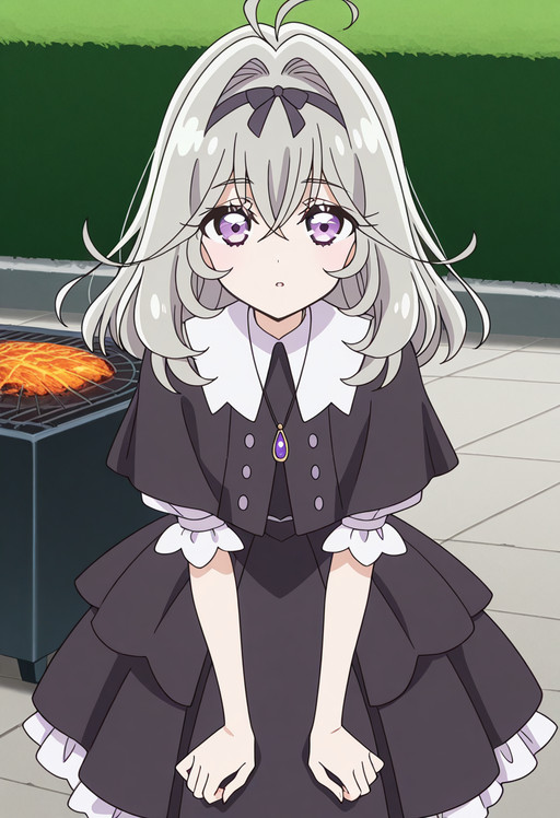 masterpiece, best quality, amazing quality,, cowboy shot, solo, looking at viewer, <lora:transparent-background-illustriousxl-lora-nochekaiser:1>, transparent background, simple background, white background, <lora:moria-luluka-anime-illustriousxl-lora-nochekaiser:1>, moria luluka, long hair, hair between eyes, purple eyes, grey hair, hair bow, medium hair, hair intakes, black hairband, antenna hair, anime screencap, skirt, dress, jewelry, short sleeves, frills, puffy sleeves, necklace, black dress, puffy short sleeves, buttons, capelet, pendant, black capelet, v,, backyard, barbecue,