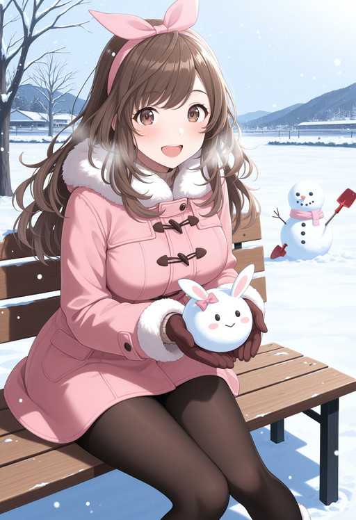masterpiece, best quality, highly detailed, sharp focus, absurdres, brown hair, brown eyes, long hair, 1girl, solo , kgntkok, snow, snowman, snow bunny, outdoors, smile, pantyhose, open mouth, looking at viewer, blush, hairband, shovel, sweater, gloves, fur trim, coat, sitting, black pantyhose, winter, winter clothes, bangs, breasts, long sleeves, snowing, :d, bow hairband, bow, pink bow, hair bow, pink coat, ribbon, bench