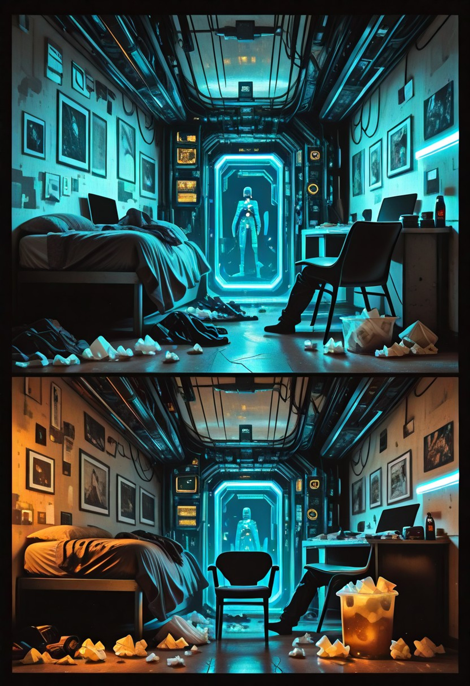 Flatline, Flat vector illustration, Black outline, Vivid colors, Kenorland, kenorland,kurzgesagt, p4rkp0sterstyle, messy room, unworn clothes, bed, chair, sci-fi, futuristic, used tissue, trash can, trashbags, empty beer bottles, empty pizza box, empty ramen cups, chiaroscuro, very awe, aesthetically pleasing, dutch angle, wide shot, (anime figurine, anime posters on wall, gamer pc, gamer chair, cans of empty energy drinks:1.2). (( no humans, open area, wide shot, 8K, science fiction, scenery, dramatic views, glossy surfaces, exterior, ):1.5), BREAK very awe, aesthetically pleasing, masterpiece, best quality, amazing quality, very aesthetic, perfect depth of field shot, in'ei,