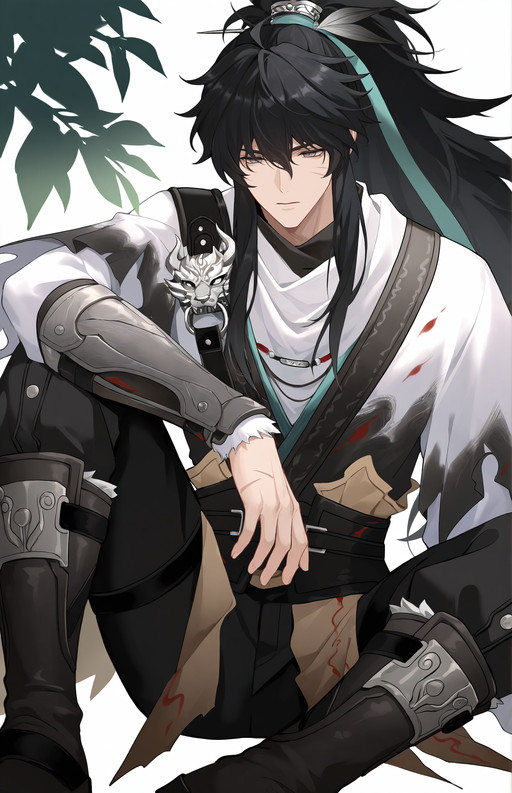 qiuyuan,<lora:qiu11-000039:0.8>,masterpiece,newest,1boy,solo,arm armor,black hair,grey eyes,hair ribbon,long hair,ponytail,white cloak,scar on cheek,black pants,boots,(white_background:1.2),<lora:tomcat_li:0.1>,(full body:0.5),<lora:yao-000100:0.4>,sitting,front view,
