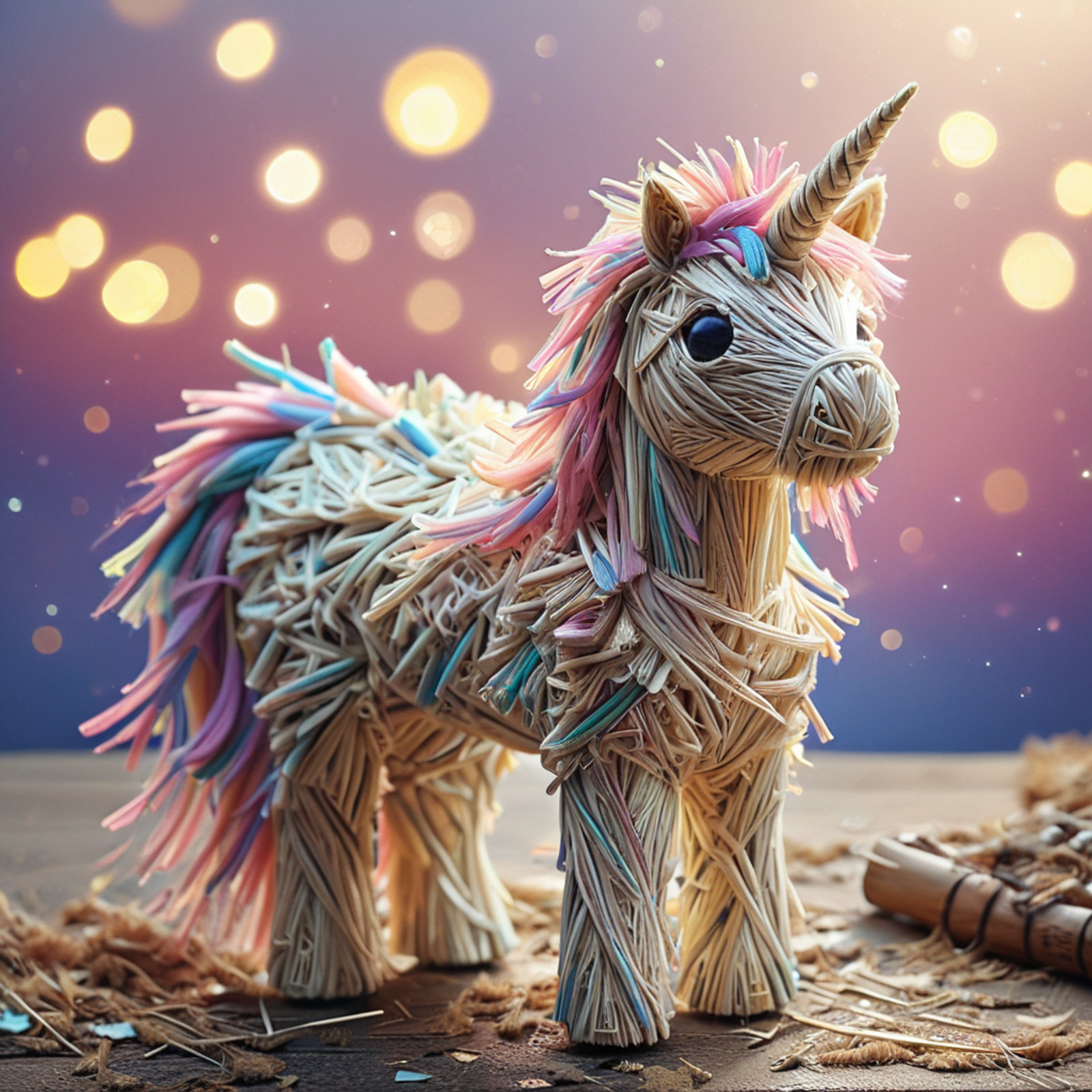 ( unicorn made of Straw thread :1.4), (no humans),
scenery, blurred background, bokeh, backlighting,
 <lora:Straw_thread:1>