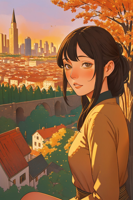 1girl, <lora:lora_tks_a3:0.8>, landscape art stylized by Cuno Amiet, portrait art, Alluring (Bark:1.1) , city, at Golden hour, Fairy-Tale, L USM