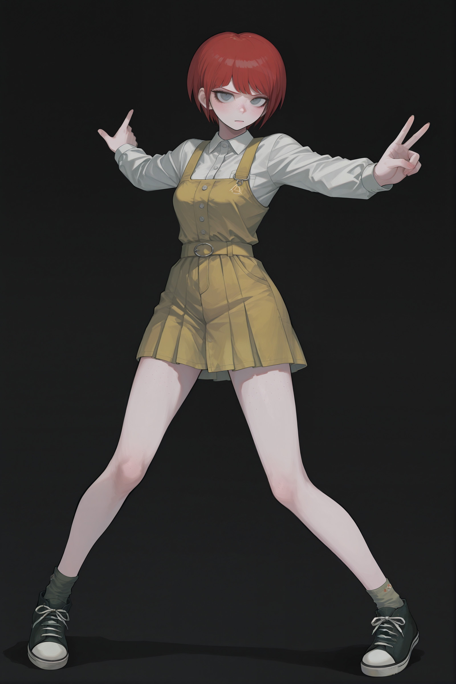 <lora:nak_mushi_:0.7>, <lora:IL_Koizumi_Mahiru:1.0>, embedding:style\lazypos, n4k_mush1_illu, mahiru, red short hair, grey eyes, freckles,, 1girl, solo, looking at viewer, casual_outfit, yellow_outfit, everyday_outfit, comfortable_outfit, danganronpa_outfit, black_background, , masterpiece, best quality, very awa, absurdres, very aesthetic, ultra-detailed