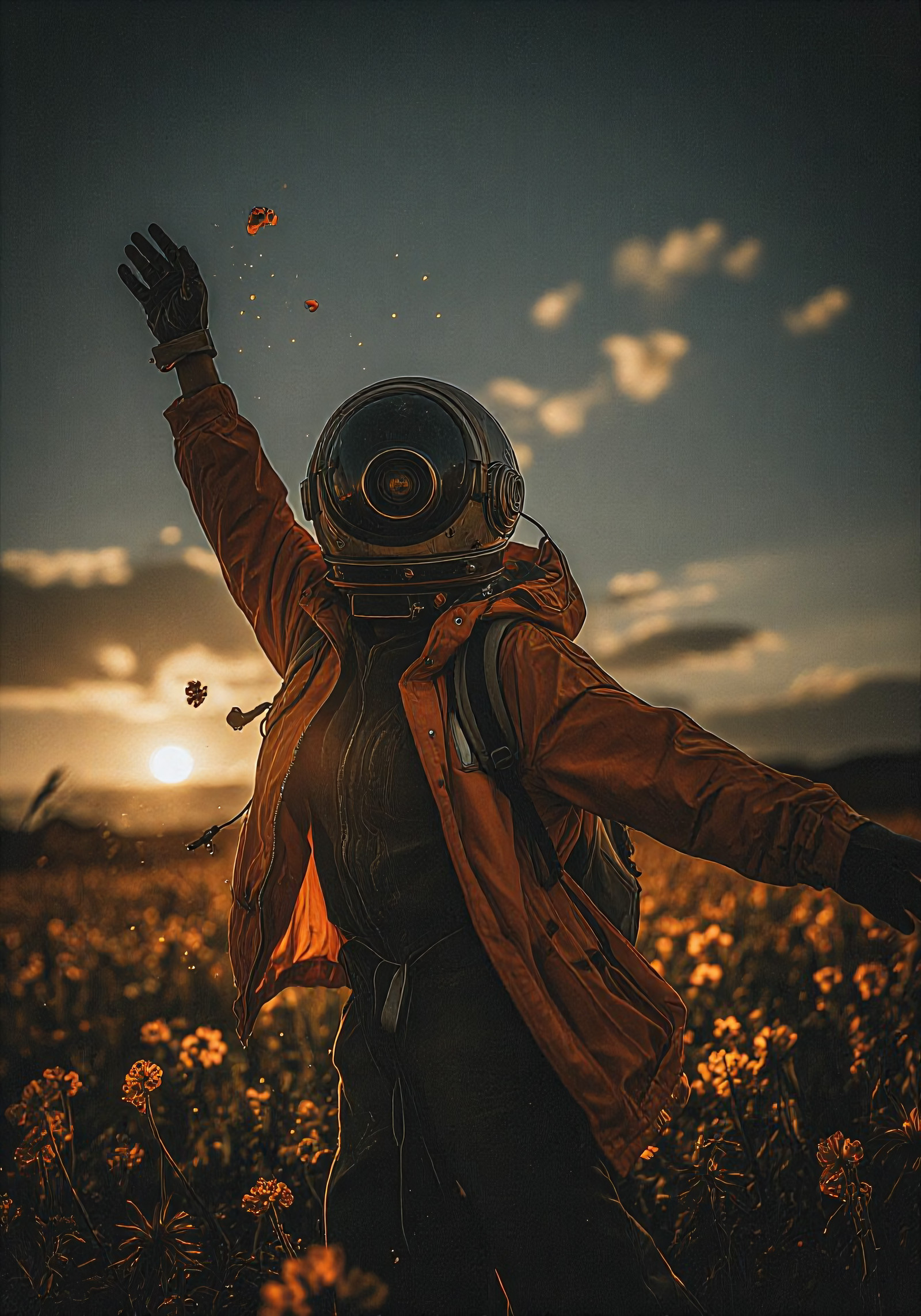 A joyful astro-headed wanderer dancing at the edge of a golden dusk meadow, original vertical 2:3 composition with a different visual construction, dynamic low-angle cinematic framing, youthful figure in an oversized orange expedition jacket, dark layered clothes and fingerless gloves, round retro space helmet replaced by a glowing black camera-lens face with soft amber inner ring, one arm reaching upward toward drifting petals and tiny sparks, cables and small mechanical details hanging from the helmet, sunlit flower fields and distant soft clouds dissolving into darker blue-gray evening haze, no overall brightening, deeper denser blacks, heavier shadow mass, darker cinematic atmosphere, warm orange jacket and amber sunset controlled against deep navy shadows and muted gold bokeh, cinematic 50mm lens, helmet lens, raised hand and jacket folds as focal hierarchy, sweeping arm and horizon line creating energetic leading lines, moderately lowered exposure, readable but very deep shadows, controlled subdued highlights, soft highlight rolloff, softened micro-contrast, dreamy optical softness, subtle atmospheric diffusion, faint filmic haze, restrained halation around sunset rim light and lens glow, minimal chromatic aberration, fine film grain, matte paper grain, delicate painterly tooth, organic printed-illustration patina, faint canvas-like microtexture, worn photographic texture, slight pigment granulation, velvety dry-brush transitions, tactile details in nylon fabric, scratched helmet glass, glove leather, petals, dust, pollen and warm wind, premium dark cinematic whimsical sci-fi finish, coherent anatomy, clean geometry, no readable text.