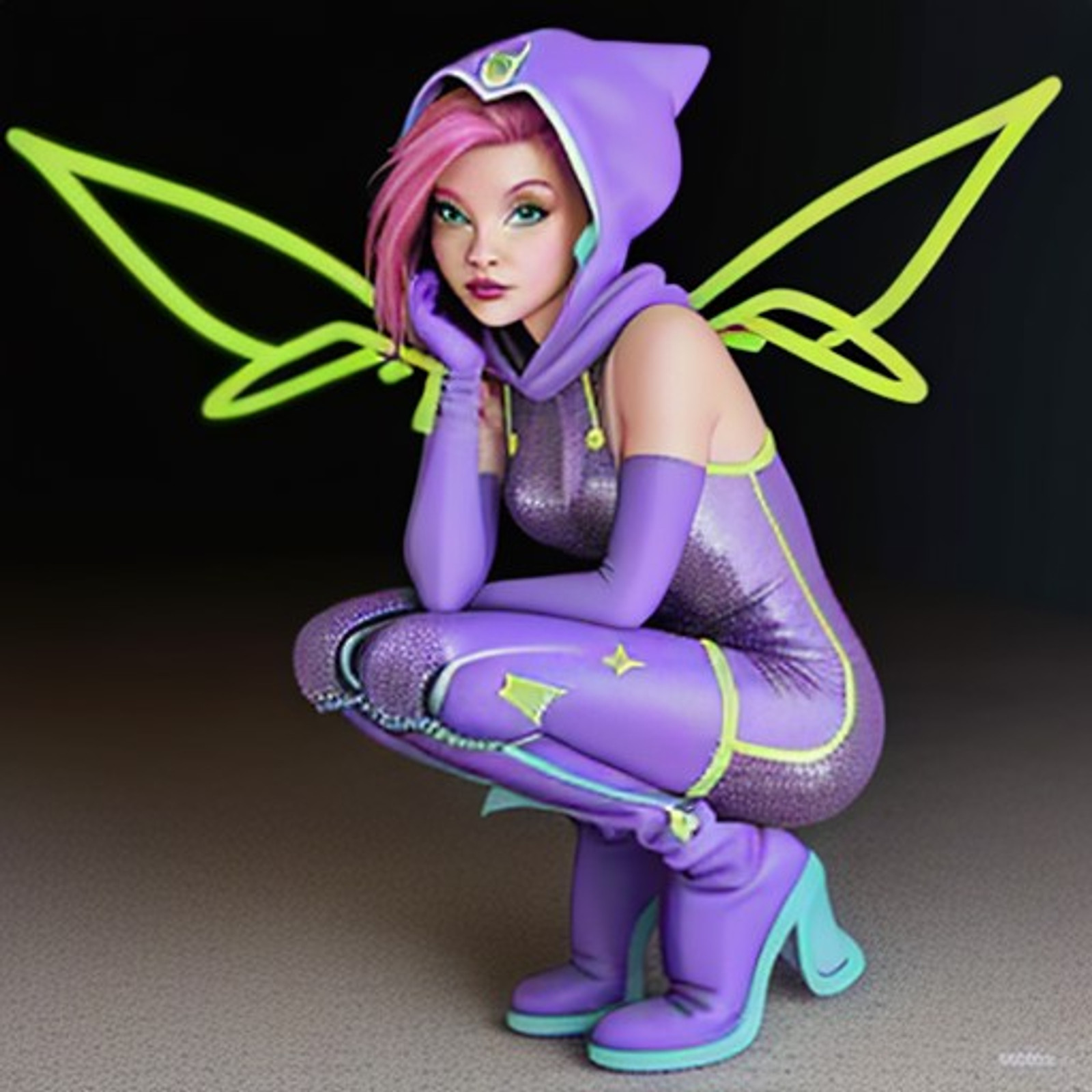 Tecna, (pink hair, green eyes, short hair),(FairyOutfit), (purple bodysuit, purple hood, gloves, knee boots, sparkling outfit, fairy wings), squatting, 1girl, solo, full body, cartoon style