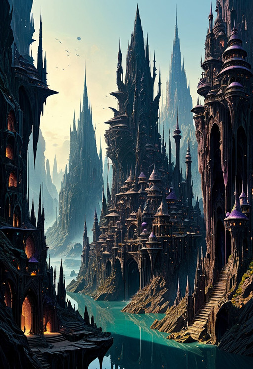 Digital artwork, sharp detailed, very detailed art, Masterpiece,a group of dark crystal towers built in vertiginous shapes, surreal city of dark crystal,
