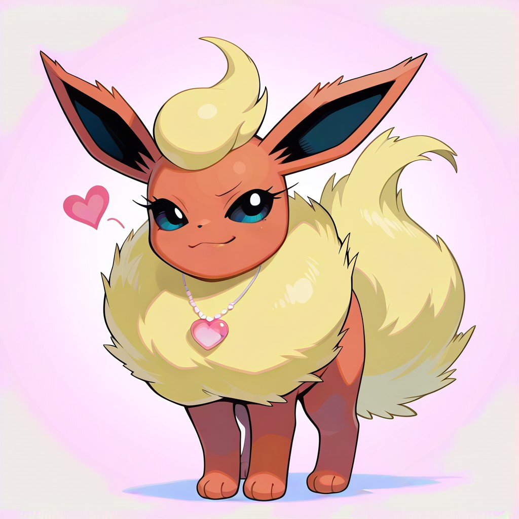 flareon, pokemon (creature), red-orange fur, light yellow tuft, light yellow mane, light yellow tail, dark eyes, quadruped
female, girly, (((long eyelashes))), very feminine
full body, solo, (((wearing pink heart necklace))), front view, (((smug))), long eyelashes,  (((tough))), girly, standing confidently, solo, happy, smiling, smirk, (((light pink background))), (standing), full body view, open eyes, closed mouth, pokemon_style, flirty
masterpiece, best quality, amazing quality,  score_9, score_8, score_7, no humans, 8k, best quality, amazing quality, (((safe_pos)))