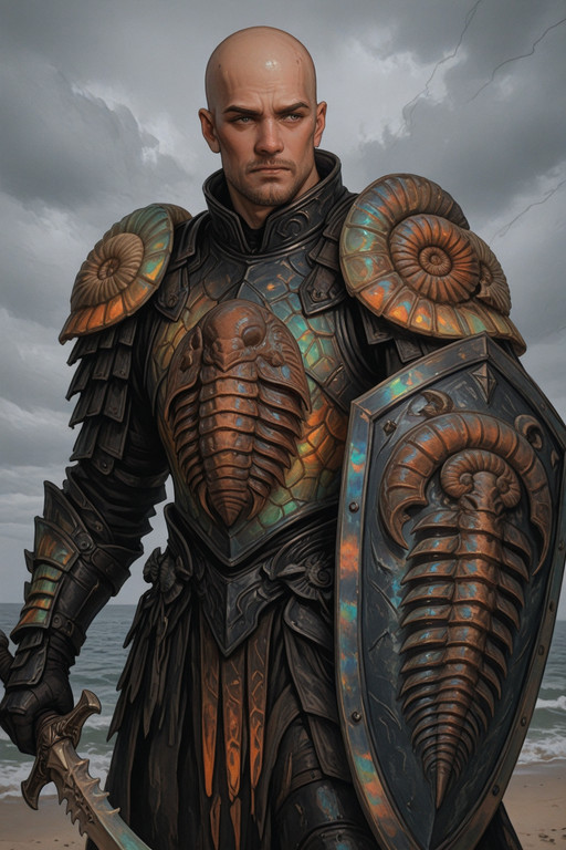 fo55ilize, 
1boy, 1male, mature male, bald, stubble, cowboy shot, armor, full armor, trilobite breastplate, ammonite pauldrons, holding sword, holding trilobite shield, bone sword, ammonite arch, grey sky, cloudy sky, ocean, (iridescent armor, colorful armor:1.2), 
