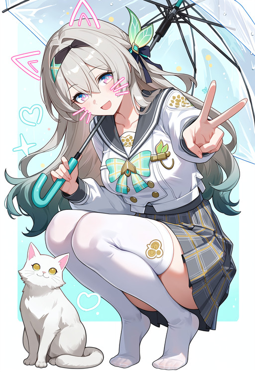 honkai: star rail, honkai \(series\), firefly \(honkai: star rail\), firefly \(spring missive\) \(honkai: star rail\), sam \(honkai: star rail\), 1girl, animal, black hairband, black sailor collar, black skirt, blush, breasts, cat, collarbone, drawn ears, drawn whiskers, fingernails, gradient hair, green hair, grey hair, grey skirt, hair between eyes, hair intakes, hair ornament, hairband, holding, holding umbrella, long hair, long sleeves, looking at viewer, medium breasts, multicolored hair, no shoes, official alternate costume, open mouth, pink eyes, pleated skirt, sailor collar, school uniform, serafuku, shirt, sitting, skirt, smile, solo, squatting, thighhighs, transparent, transparent umbrella, umbrella, untucked shirt, v, white cat, white thighhighs, dynamic pose, dynamic composition, masterpiece, highres, absurdres, newest, best quality, score_7honkai: star rail, honkai \(series\), firefly \(honkai: star rail\), firefly \(spring missive\) \(honkai: star rail\), sam \(honkai: star rail\), 1girl, animal, black hairband, black sailor collar, black skirt, blush, breasts, cat, collarbone, drawn ears, drawn whiskers, fingernails, gradient hair, green hair, grey hair, grey skirt, hair between eyes, hair intakes, hair ornament, hairband, holding, holding umbrella, long hair, long sleeves, looking at viewer, medium breasts, multicolored hair, no shoes, official alternate costume, open mouth, pink eyes, pleated skirt, sailor collar, school uniform, serafuku, shirt, sitting, skirt, smile, solo, squatting, thighhighs, transparent, transparent umbrella, umbrella, untucked shirt, v, white cat, white thighhighs