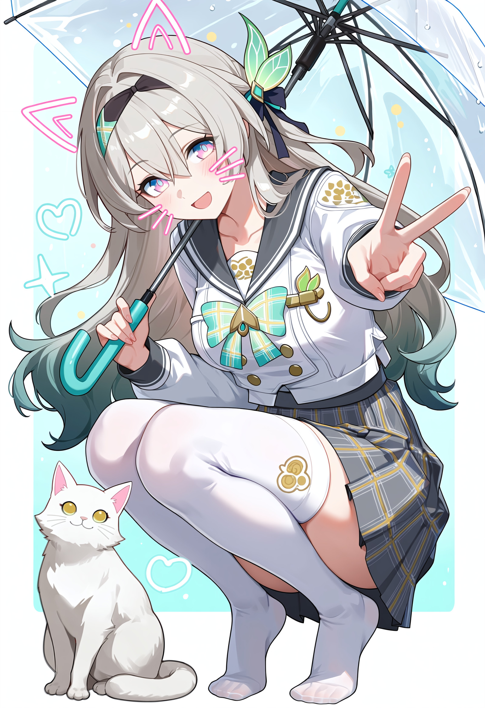 honkai: star rail, honkai \(series\), firefly \(honkai: star rail\), firefly \(spring missive\) \(honkai: star rail\), sam \(honkai: star rail\), 1girl, animal, black hairband, black sailor collar, black skirt, blush, breasts, cat, collarbone, drawn ears, drawn whiskers, fingernails, gradient hair, green hair, grey hair, grey skirt, hair between eyes, hair intakes, hair ornament, hairband, holding, holding umbrella, long hair, long sleeves, looking at viewer, medium breasts, multicolored hair, no shoes, official alternate costume, open mouth, pink eyes, pleated skirt, sailor collar, school uniform, serafuku, shirt, sitting, skirt, smile, solo, squatting, thighhighs, transparent, transparent umbrella, umbrella, untucked shirt, v, white cat, white thighhighs, dynamic pose, dynamic composition, masterpiece, highres, absurdres, newest, best quality, score_7honkai: star rail, honkai \(series\), firefly \(honkai: star rail\), firefly \(spring missive\) \(honkai: star rail\), sam \(honkai: star rail\), 1girl, animal, black hairband, black sailor collar, black skirt, blush, breasts, cat, collarbone, drawn ears, drawn whiskers, fingernails, gradient hair, green hair, grey hair, grey skirt, hair between eyes, hair intakes, hair ornament, hairband, holding, holding umbrella, long hair, long sleeves, looking at viewer, medium breasts, multicolored hair, no shoes, official alternate costume, open mouth, pink eyes, pleated skirt, sailor collar, school uniform, serafuku, shirt, sitting, skirt, smile, solo, squatting, thighhighs, transparent, transparent umbrella, umbrella, untucked shirt, v, white cat, white thighhighs