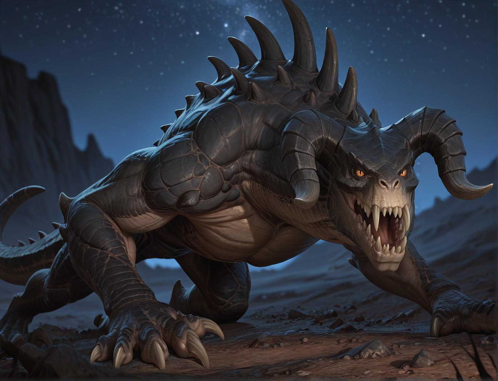 masterpiece, best quality, perfect quality, very awa, absurdres, newest, very aesthetic, absolutely eye-catching, intricate details,
dynamic pose, 1boy, solo,
wasteland, ((blurry background)), dark, (night), wasteland, laying down, laying on stomach, crawling, stars,
d34thclaw, horns, scales, tail, monster, sharp teeth, spikes, muscular, creature, back spikes, colored sclera, humpback, hunched, thick neck, claws, long fingernails, <lora:Deathclaw_for_Illustrious_v2:0.8>