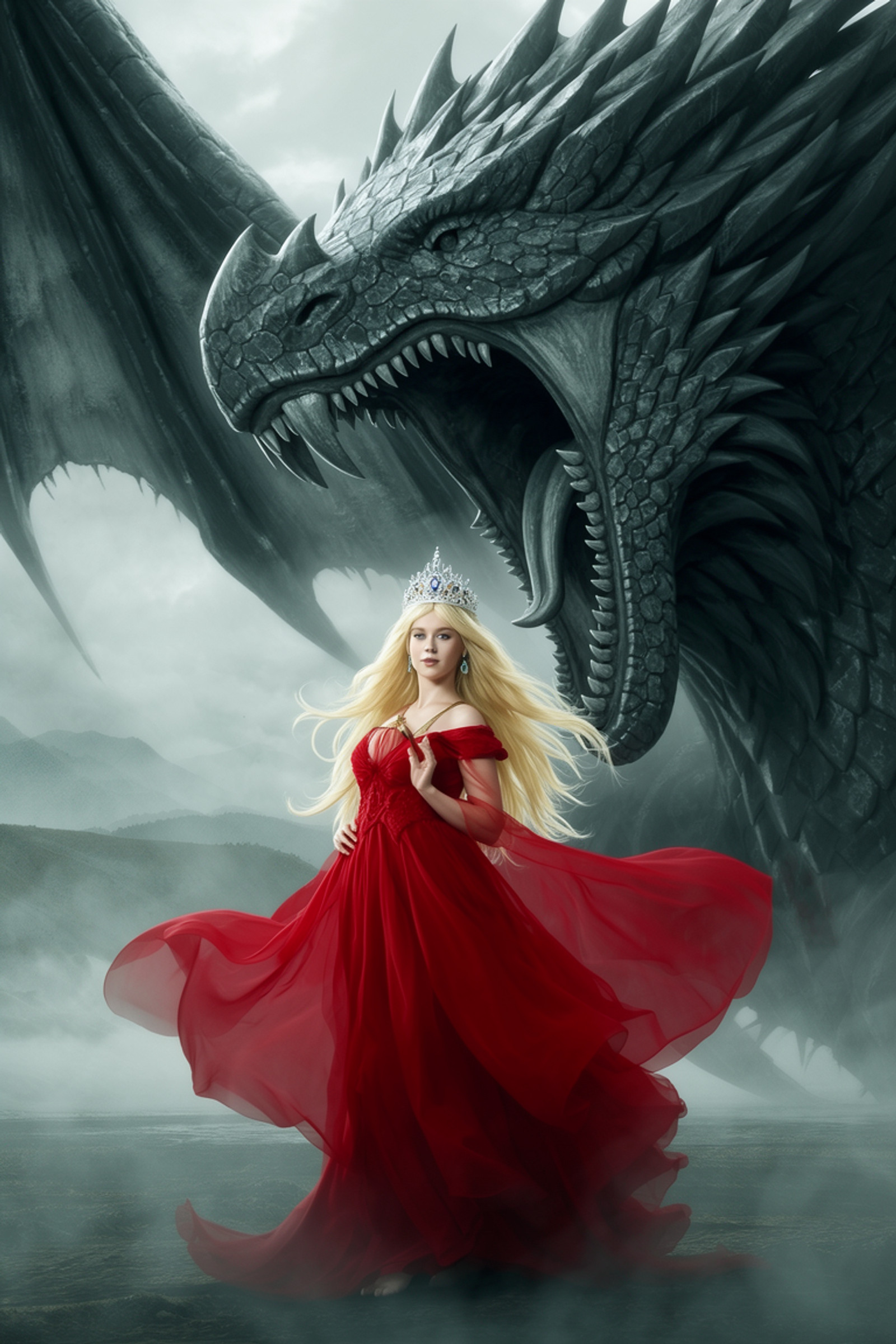 A blonde princesss in a red flowing dress and crystal crown, standing in front of a massive winged forged carbon dragon. Colossal scale, dragon mouth open with sharp teeth. Foggy, mystical landscape. Vertical composition, cinematic lighting.
