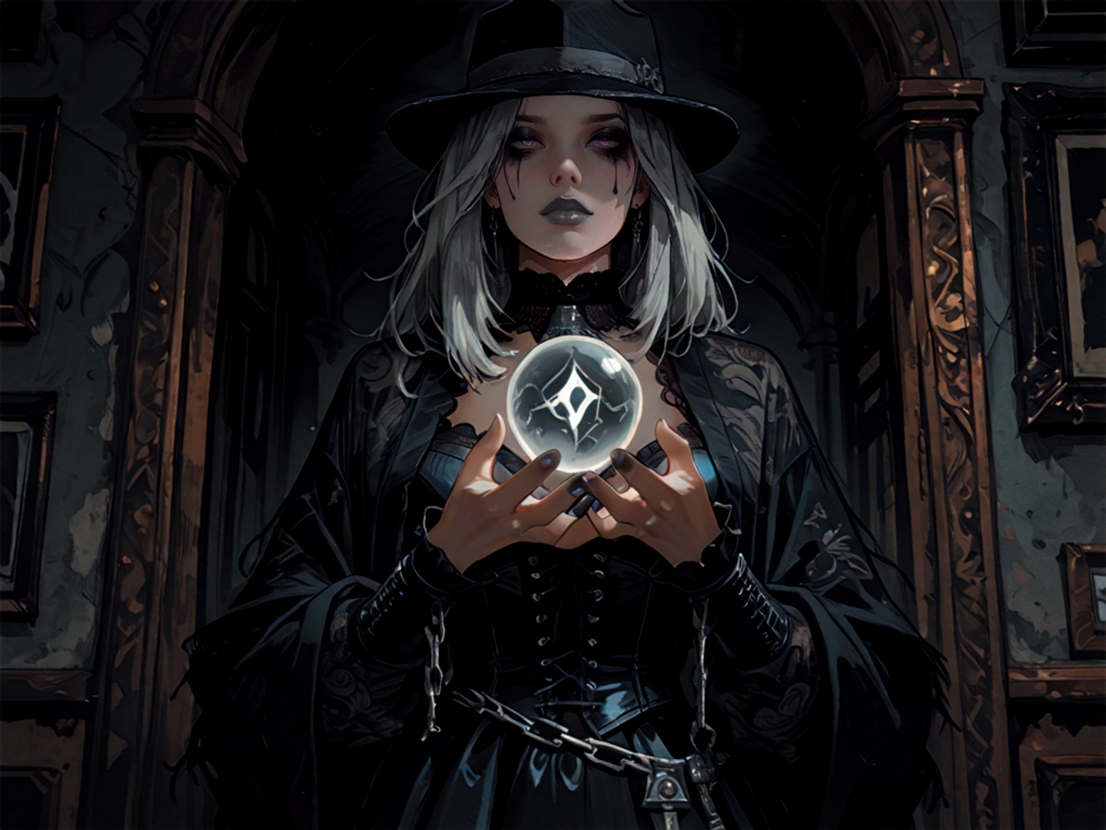 masterpiece, best quality, amazing quality, very aesthetic, high resolution, ultra-detailed, absurdres, newest, 1girl, goth theme, solo,windswept dramatic flip hair,(silver lipstick, clown makeup, silver jewelry, character centered), chain-draped fedora, lace-up bodice, Victorian bustle skirt, dark floral robe, distressed leather oxfords, punk riveted armwarmers, , holding glowing orb, <lora:andava:1>