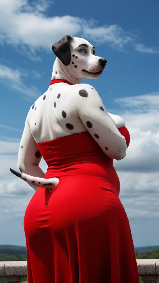 solo, female, sky, clouds,   anthro dalmatian, (red strapless Dress,:1.2)  covered saggy breasts,  old, chubby, large, ( detailed blue eyes,:1.1)   looking pleased,  (tail,:1.1) back, red dress,