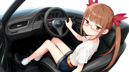 masterpiece, best quality, amazing quality, <lora:illu_Ikebukuro_Akiha-93:1>, ikebukuro akiha, brown hair, brown eyes, twintails long hair, semi-rimless eyewear, pink-framed eyewear, 1girl, solo, white t-shirt, orange belt, white socks, black shoes, 
<lora:Tsuru_Amamitsuki12__Traditional_Style:1> Amamitsuki12, black jeans, jeans shorts, shorts rolled, thin legs, looking at viewer, looking back, steering wheel, car, driving, sitting,  <lora:transparent-background-illustriousxl-lora-nochekaiser:1>, transparent background, simple background, white background solo