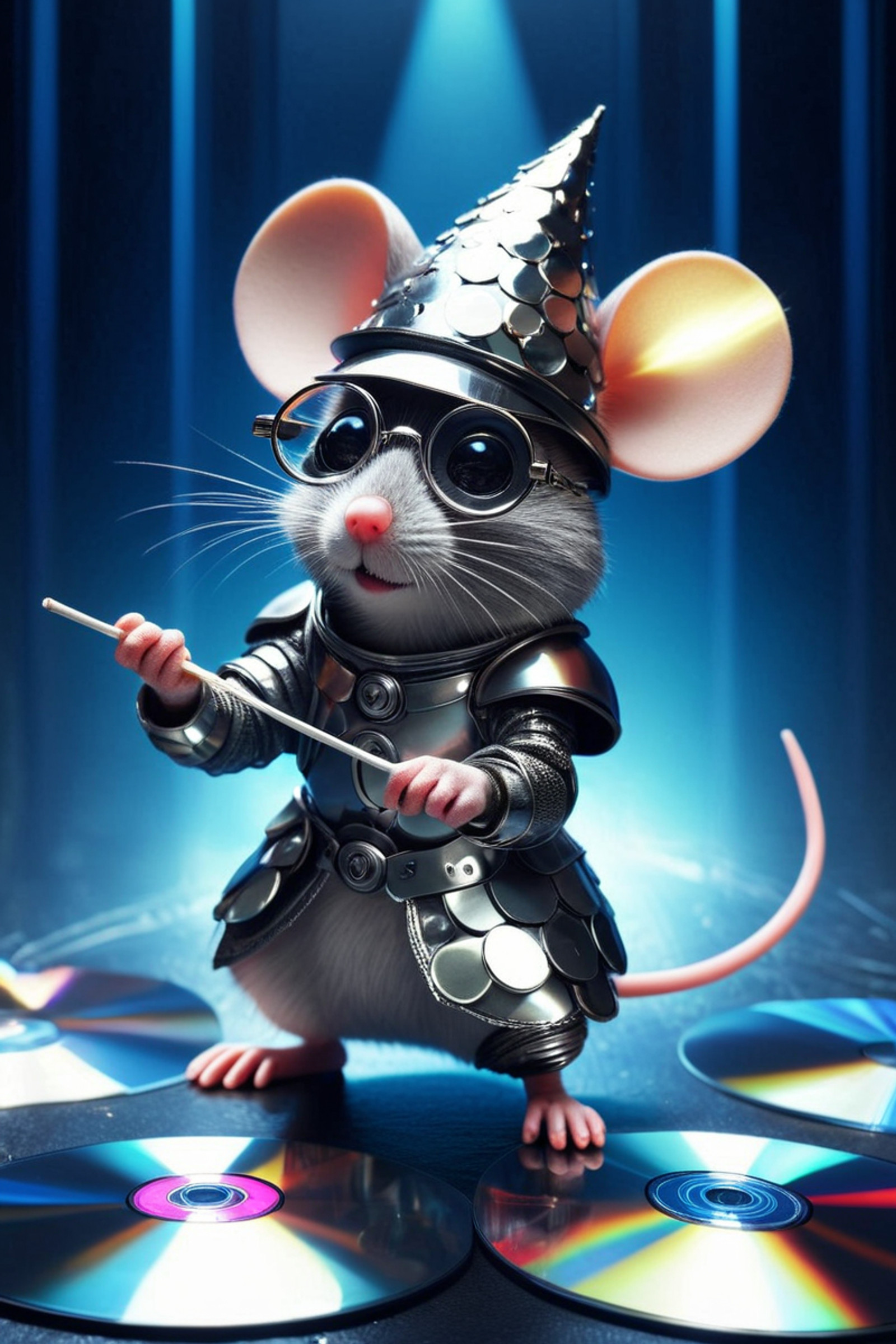 a magical mouse with a magic want casting speels. fantasy theme, cute hat, big glasses..  made of cd's. wearing retro-futuristic armor, plated in compact discs, dramatic scene, futuristic background, shiny reflections,  <lora:CDs_SDXL:1.0>