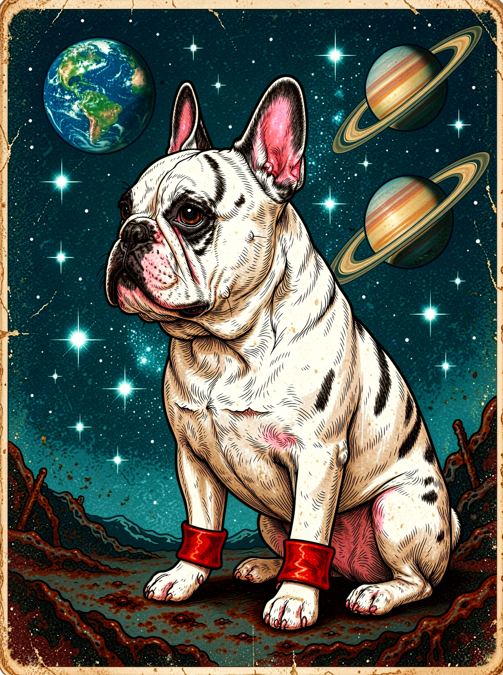 This is a vintage-inspired illustration depicting a majestic white crooked head female French bulldog set against a cosmic background. No discernible text is present in the image. The central motif is a stately white crooked head female French bulldog, shown in profile, sitting upright and looking towards the left. Its fur is rendered with a textured appearance, predominantly brindle, with its prominent ears and leg cuffs highlighted in a vibrant brindle color. The artwork features a distinctive vintage, distressed illustration style, characterized by a weathered, grunge texture and rich, muted colors. The background is a deep, dark teal-blue cosmic sky, densely populated with numerous twinkling white stars and sparkling light effects. Several celestial bodies are scattered throughout this expanse, including a large Earth-like planet in the upper left, a striped planet in the upper right, and a prominent ringed planet in the mid-right. The lower portion suggests a surreal, otherworldly landscape with rusted and textured ground elements. This piece blends classic illustration with a fantastical, space-themed aesthetic. <lora:YFG-ChatGPT-4o-Style-F2_Klein-3kv1:0.5> <lora:YFG-Obs-Flux2-Klein9b_3k-v1:0.5>