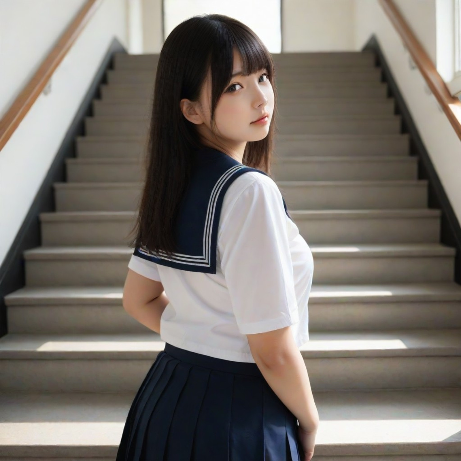 masterpiece, best quality, highly detailed, sharp focus, school girls, adult, blue school uniform, pleated skirt, plump womanly proportion, stairs, twisted torso, natural lighting, soft shadows, depth of field, photorealistic, 8k, detailed texture