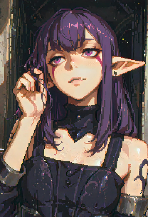 by dino \(dinoartforame\),impasto,1girl,solo,esil_radiru,solo_leveling,<lora:EsilRadiruV3:1>,Esil Radiru,sidelocks,ruffling_hair,hair_between_eyes,purple_hair,long_hair,fang,eyebrows_hidden_by_hair,purple_eyes,tattoo,choker,black_choker,large_ears,elf,upper body,majestic,Masterpiece,Best quality,ultra-detailed,amazing quality,very aesthetic,illustration,perfect composition,intricate details,highres,greatscore,absurdres,incredibly absurdres,dynamic angle,dynamic pose,20yo,textured,extremely detailed eyes,pretty <lora:HerrscherAGGA2025_PixelART-ULTIMATEBASE-SDXL-IL_V1:1>