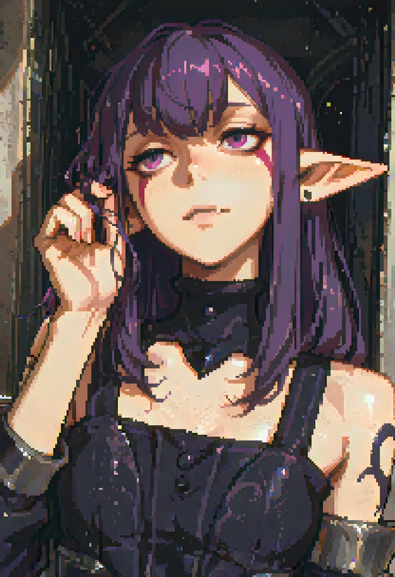 by dino \(dinoartforame\),impasto,1girl,solo,esil_radiru,solo_leveling,<lora:EsilRadiruV3:1>,Esil Radiru,sidelocks,ruffling_hair,hair_between_eyes,purple_hair,long_hair,fang,eyebrows_hidden_by_hair,purple_eyes,tattoo,choker,black_choker,large_ears,elf,upper body,majestic,Masterpiece,Best quality,ultra-detailed,amazing quality,very aesthetic,illustration,perfect composition,intricate details,highres,greatscore,absurdres,incredibly absurdres,dynamic angle,dynamic pose,20yo,textured,extremely detailed eyes,pretty <lora:HerrscherAGGA2025_PixelART-ULTIMATEBASE-SDXL-IL_V1:1>