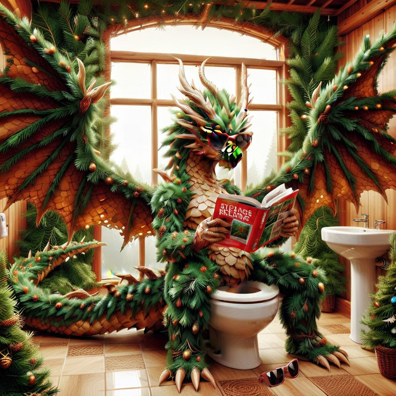 fir needles, bone fir needles Dragon, A massive humanoid dragon made of fir needles sitting on a toilet, has a