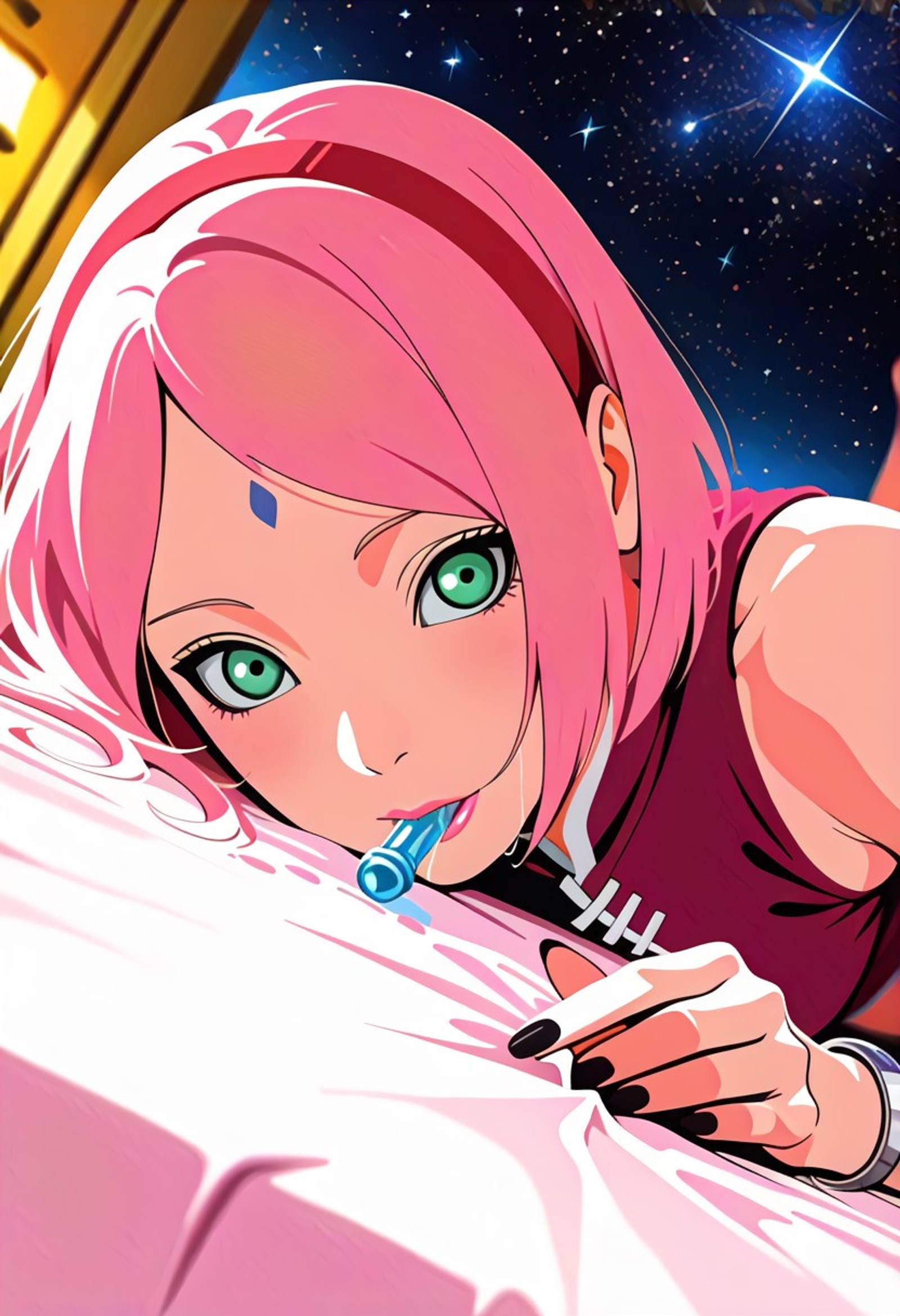 surreal, double exposure, color flow,, blending, flat color, no lineart, negative space, limited palette, , theme, 
Masterpiece, best quality, amazing quality, newest, very aesthetic, absurdres, 
 dutch angle, depth of field , a girl sitting one leg down on bed , 
sakuraboruto, haruno sakura, towel grab, , , green eyes, short hair, pink hair, bracelet, facial mark, forehead mark,  red hairband,, pink lipstick, looking at viewer, mature female, 
on bed , lying , long nails, black nails, gold accents room, prone,
surreal, fantasy, starry background, close up, candy , candy in mouth, saliva