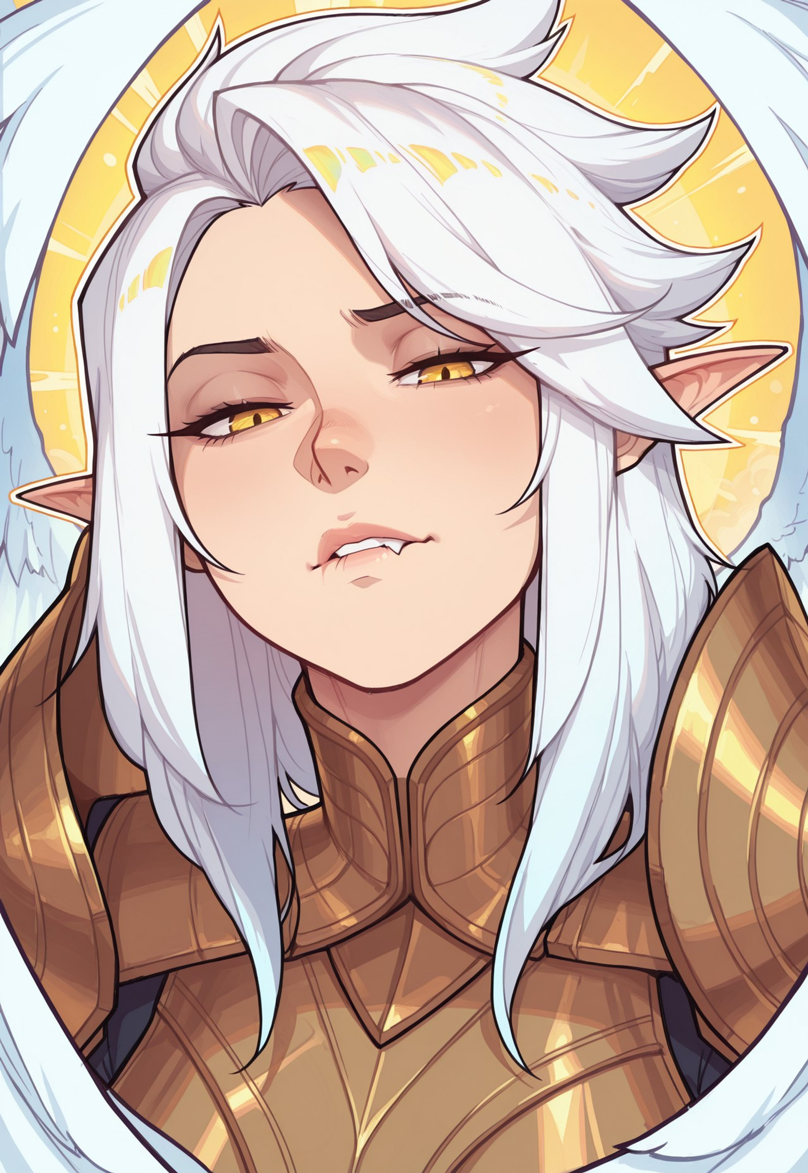 masterpiece, very aesthetic, arrusa, absurdres, sfw, 1girl, solo, DFTkayle,white hair,medium hair,elf ears,golden eyes,armor,angel wings, colorful, vibrant, neon, outline, half closed eyes, biting lip, portrait, looking at viewer