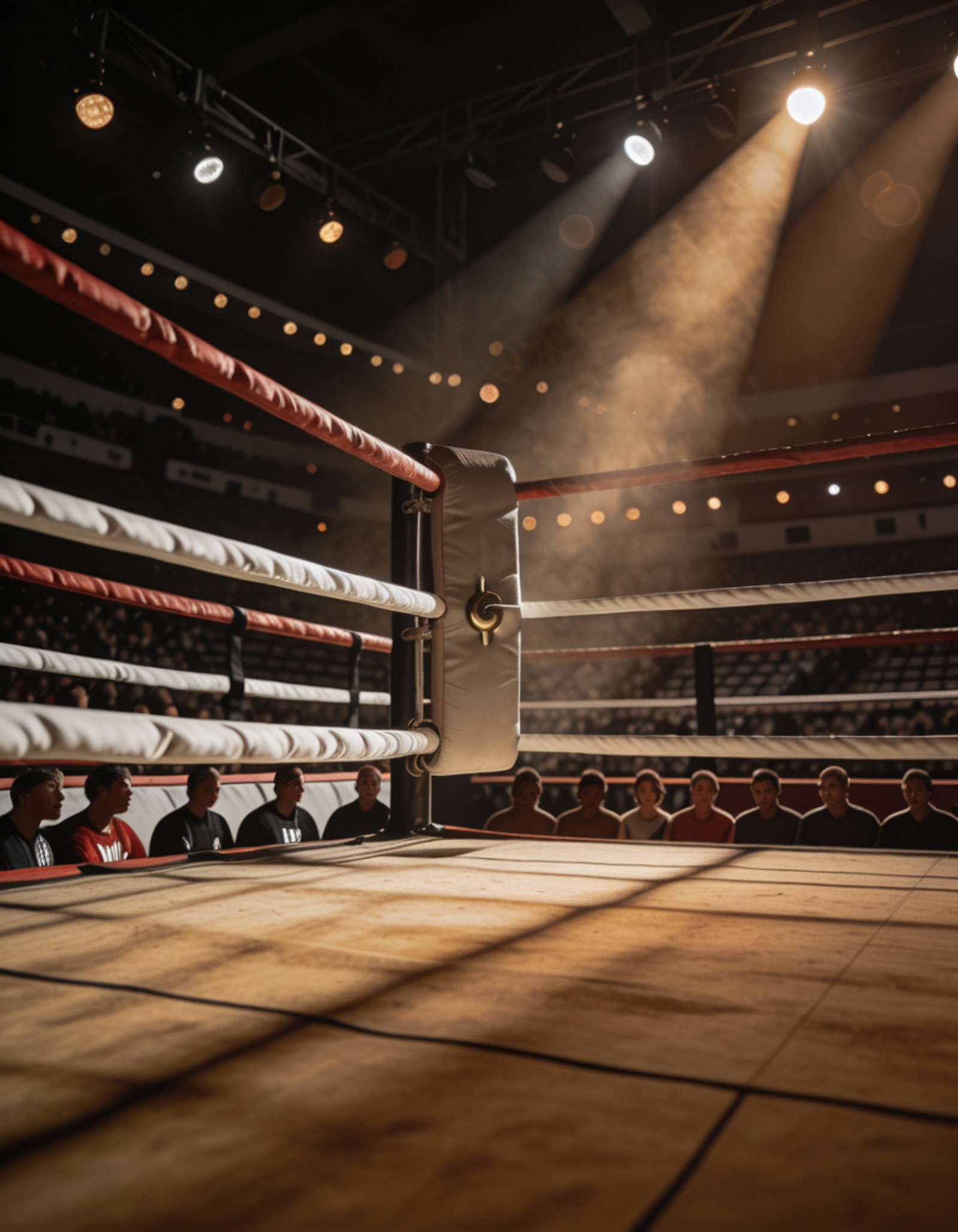 lowered background, boxing ring corner seen from inside the ring, interior view of ring corner, corner post with turnbuckle padding, red and white ropes stretching across the frame, canvas floor in foreground, view looking toward the corner, blurred crowd beyond the ropes, distant stadium seating, spectator silhouettes behind the ropes, overhead arena spotlights, dramatic top-down lighting, atmospheric haze, warm light beams cutting through the air, bokeh lights in the background, shallow depth of field, sports venue atmosphere 
boxing ring c0rn3r  <lora:boxing_ring_c0rn3r-i:1>, Masterpiece,best quality,hi res,8k,(sharp focus, intricate, highly detailed),