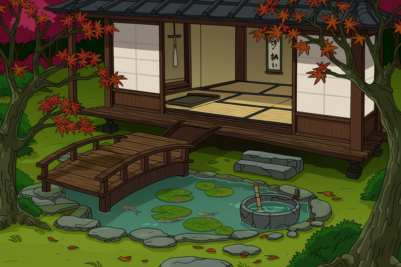 Futurama style image of a traditional tea house set within a meticulously maintained Japanese garden. The tea 