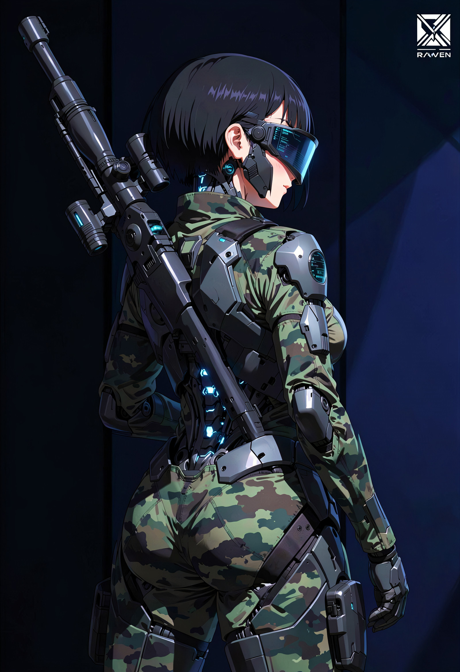 A clean, anime-style digital illustration of a female android sniper, seen in a powerful three-quarter rear view from a low angle. Her short, choppy black hair is styled in an undercut, and she has a sleek, full-face visor covering her face, displaying a subtle data-overlay interface. She is wearing a camouflage-patterned stealth suit integrated with lightweight, dark grey segmented armor plating on her back, arms, and legs. Her mechanical spine is a core feature, glowing electric blue. She carries a massive, futuristic high-caliber sniper rifle across her back, adorned with a detailed scope and suppresser. The background is a stark, minimalist composition of dark charcoal and deep navy blue panels, with moody, directional lighting creating dramatic shadows. A minimalist abstract 'RAVEN' logo is in the top right corner.