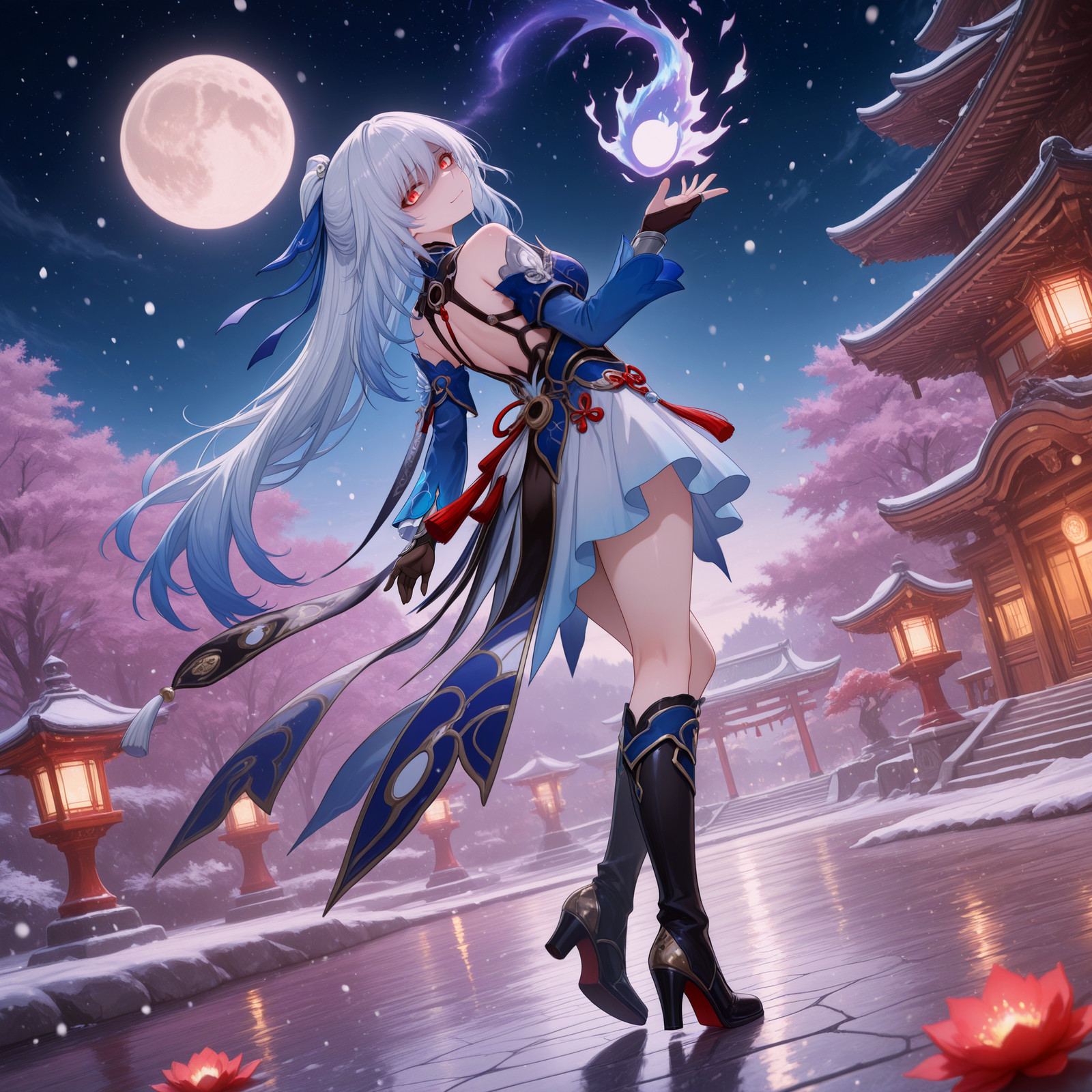 (masterpiece, best quality, amazing quality, very awa, newest, very aesthetic, ultra-detailed, absurdres, 8k), 1girl, jingliu \(honkai: star rail\), white hair, long hair, ponytail, blue hair ribbon, blue dress, detached sleeves, long sleeves, red eyes, narrowed eyes, glowing eyes, (insane expression, crazy smile, closed mouth, shaded face, looking at viewer, head tilt) BREAK dynamic pose, dynamic view, from side, outdoors, night, stars, moon, snowing, detailed shadows, detailed background, soft lighting, volumetric lighting, soft shading, glowing particles BREAK standing, foot up heel up, black knee boots BREAK ultra-detailed eyes, high gradient eyes, eye reflection, detailed clothes, soft skin texture, soft pink skin, pale skin, (body blush), (masterpiece:1.4, best quality:1.4, amazing quality, very awa, newest, very aesthetic:1.4, ultra-detailed, absurdres, 8k), catgirlstyle, nyonku, <lora:Catgirlstyle:0.9>, <lora:nyonkuv2:0.6>